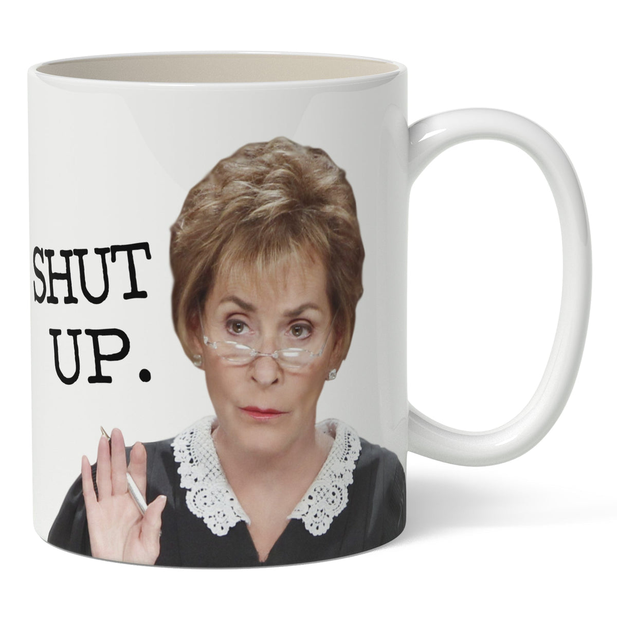 11 oz ceramic mug with bold Judge Judy portrait, vibrant dye-sublimated finish, dishwasher and microwave safe