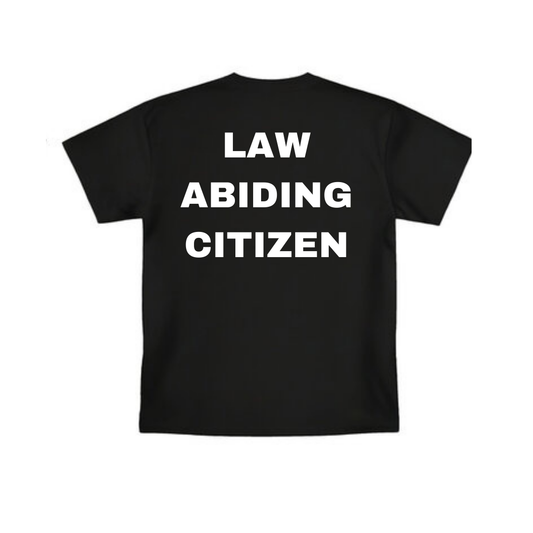Black Law Abiding Citizen Shirt with Forged Racing logo and bold back graphic, 100% cotton, designed in California.